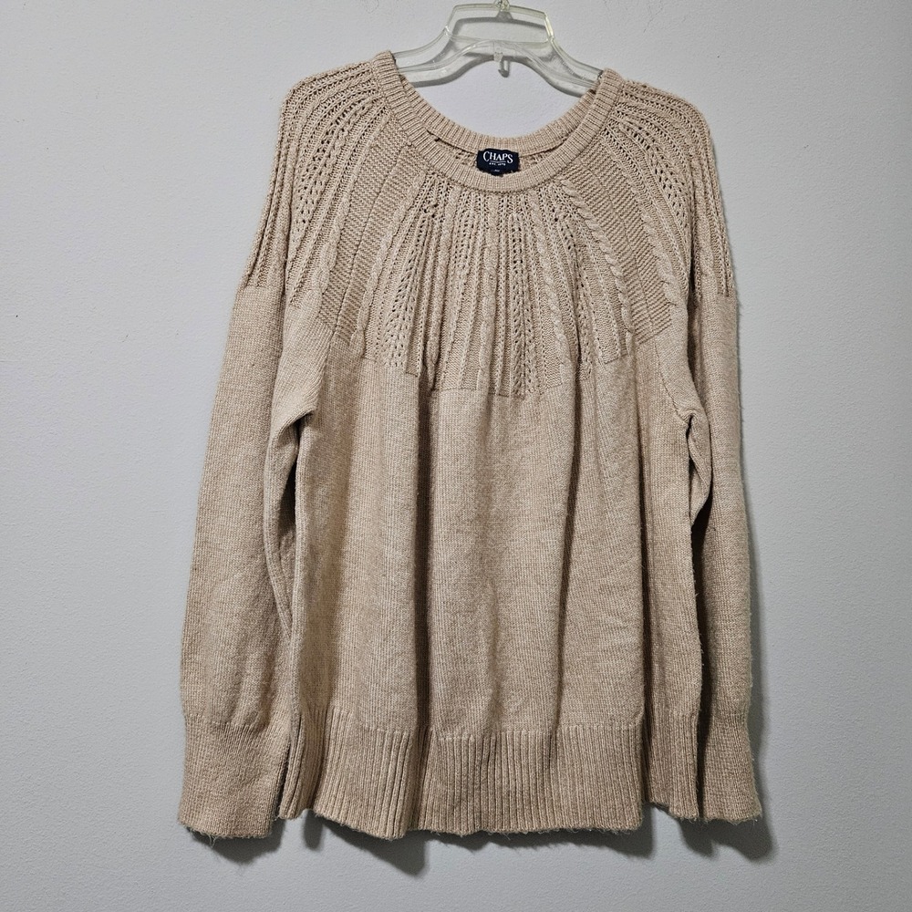Chaps Womens 2X Tan Oatmeal Sunburst Cable Knit Pointelle Crew Neck Sweater